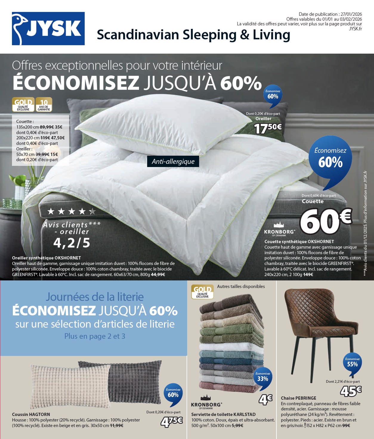 jysk - Catalogue JYSK - Offres exceptionnelles valable du 01/01 au 03/02
