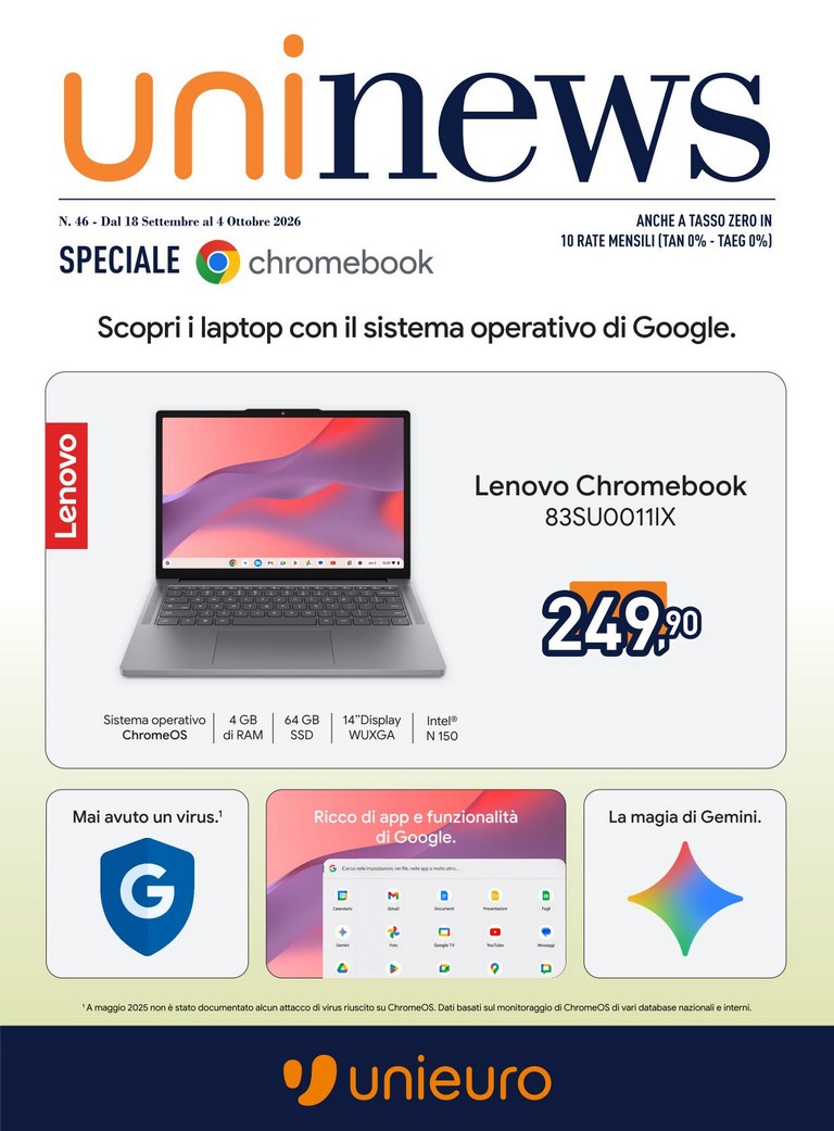 unieuro - Volantino attuale di Unieuro - Speciale Chromebook valido dal venerdì 18/09/2026 al domenica 04/10/2026